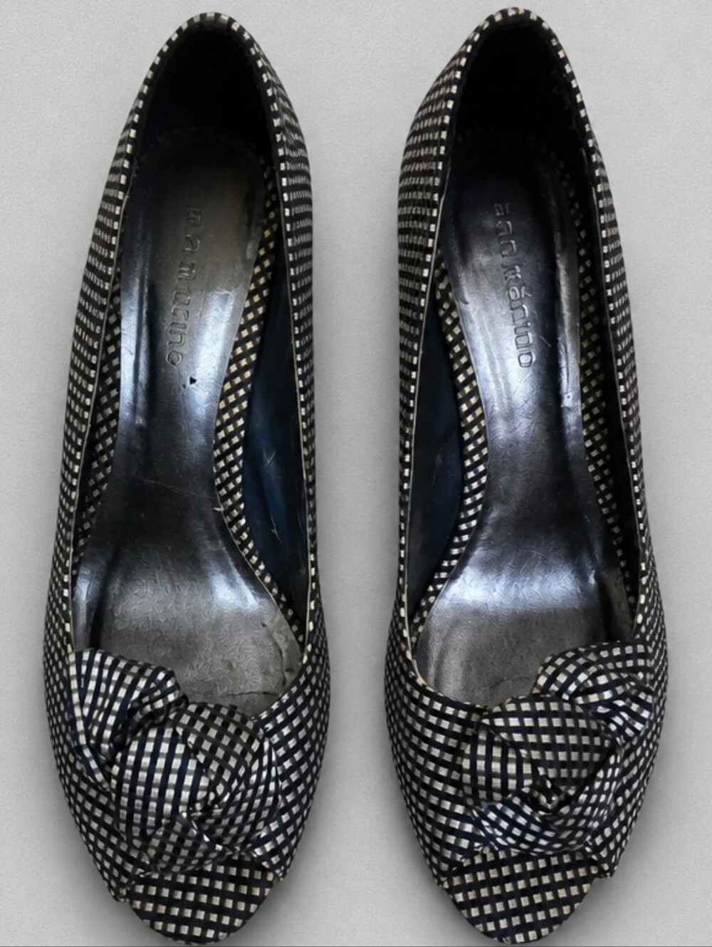 Ann Marino Y2K Gingham Peep Toe Rosette Stiletto Pumps Navy Cream 8.5M